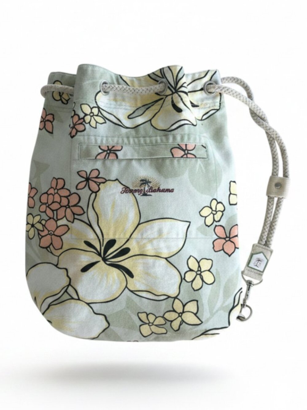 TOMMY BAHAMA Vintage Floral Drawstring Backpack Beach Bag Tote Tan Yellow